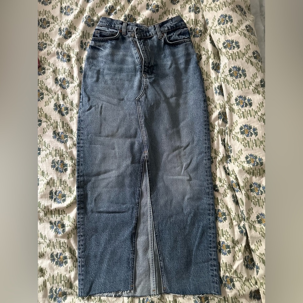 Reformation Jean High Waisted Asymmetrical Maxi Skirt